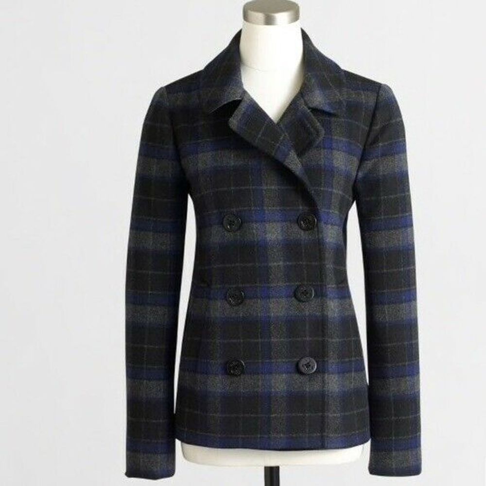 J. Crew Green Plaid Pea Coat 2 Double Breasted